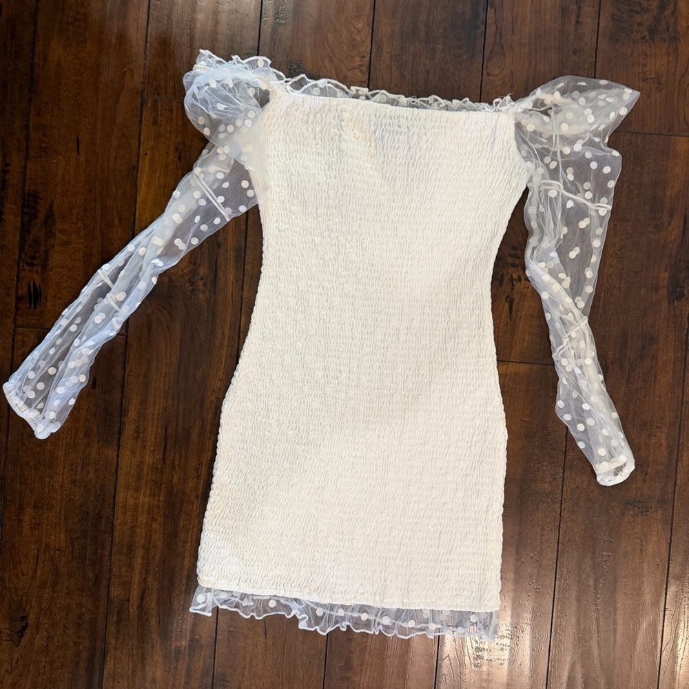 White Off-Shoulder Dress with Sheer Polka Dot Sleeves
